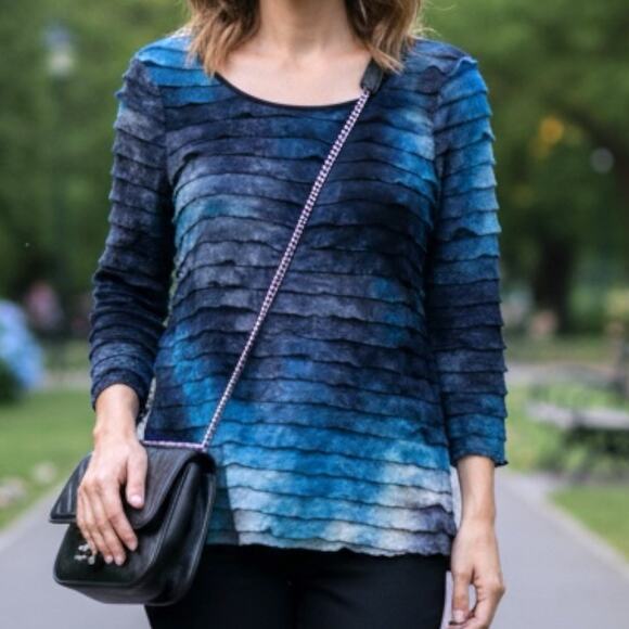 ELEMENTS Tops - Elements Artsy Tiered 3/4 Sleeve Top Women's Petite M Blue Black Boho Y2K 90s